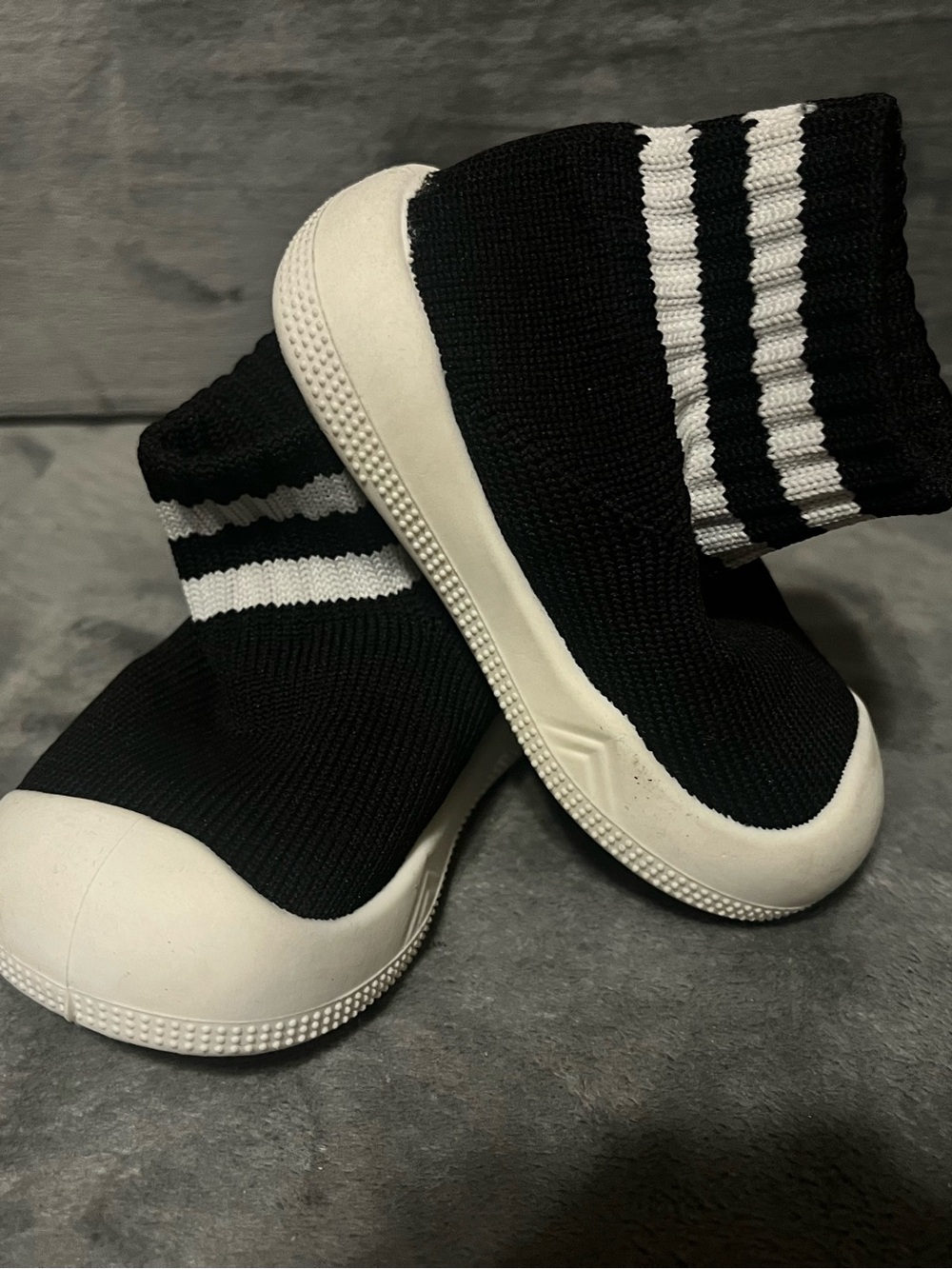 Black Knit Sock Sneakers with White Stripes and White Soles